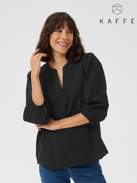 Kaffe 100% Cotton Kajollia Notch Neck 3/4 Sleeves Black Blouse (F66685) | £40