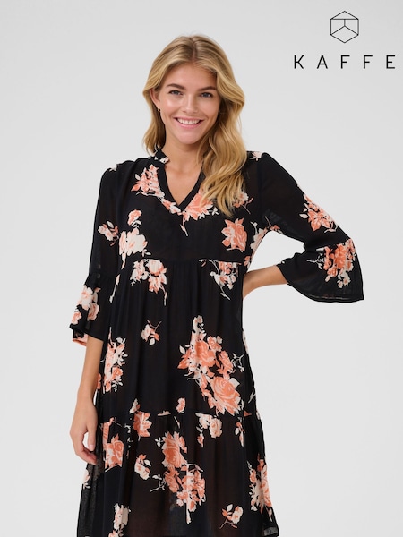 Kaffe Edita Tiered Knee Length V-Neck Black Dress (F66739) | £65