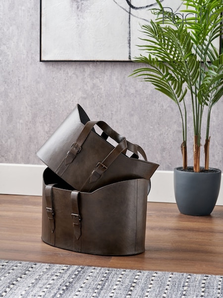 Pacific Lifestyle Set of 2 Dark Brown Alessio Leather Handled Storage Baskets (F66752) | £180