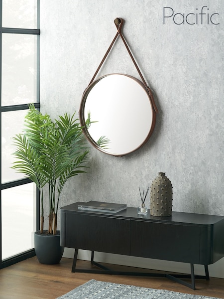Pacific Lifestyle Tan Leather Frame Round Wall Mirror (F66766) | £250