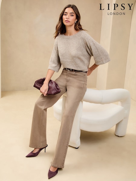 Lipsy Mushroom Petite Mid Rise Wide Leg Jeans (F66904) | £50