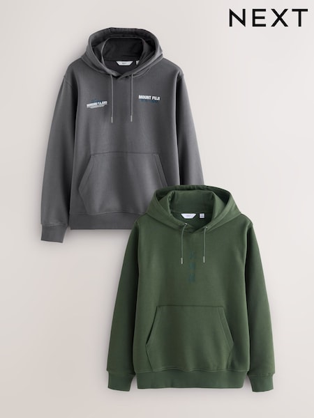 Charcoal Grey/Khaki Green Cotton Rich Graphic Print Hoodie 2 Pack (F66919) | £64