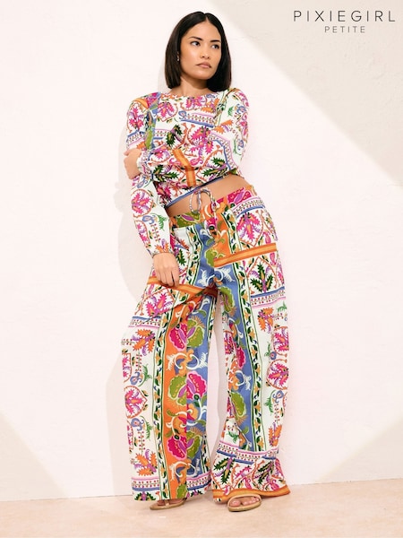PixieGirl Petite Pink Scarf Print Wide Leg 100% Cotton Trousers (F66955) | £34