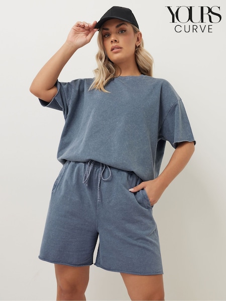 Yours Curve Blue Acid Wash Sweat 100% Cotton Shorts (F66959) | £20