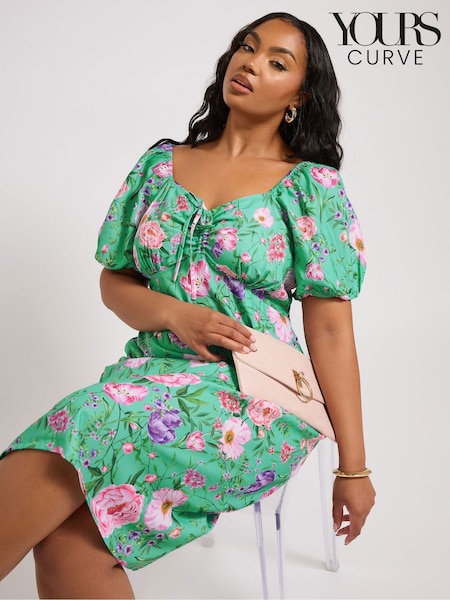 Yours Curve Green London Floral Puff Sleeve Dress (F66989) | £53