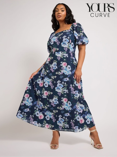 Yours Curve Blue London Floral Square Neck Look Dress (F67027) | £63