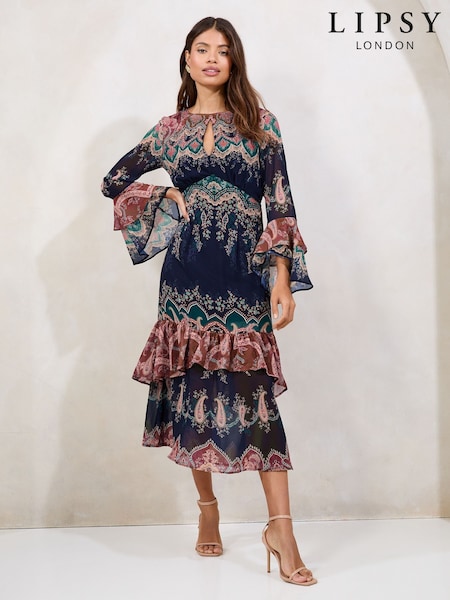 Lipsy Navy Placement Printed Flute Sleeve Ruffle Detail Midi Dress (F67044) | £72