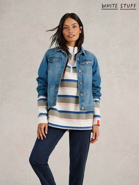 White Stuff Green 100% Cotton Stripe Half Zip Sweater (F67094) | £59