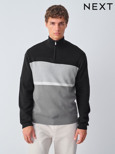 Black/Grey Regular Fit Colour Block Stripe Quarter Zip Neck Jumper (F67111) | £36