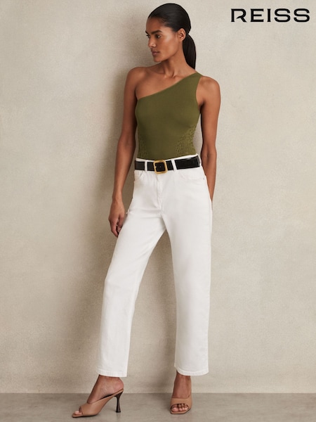 Reiss Green Rosa Lace-Knit Detail One-Shoulder Bodysuit (F67127) | £110