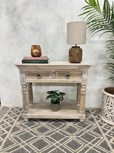 Kirei Home Cream Hand Carved Two Drawer Console Table (F67179) | £495