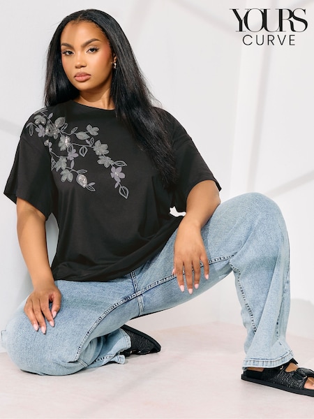 Yours Curve Black Sequin Relaxed 100% Cotton T-Shirt (F67207) | £20