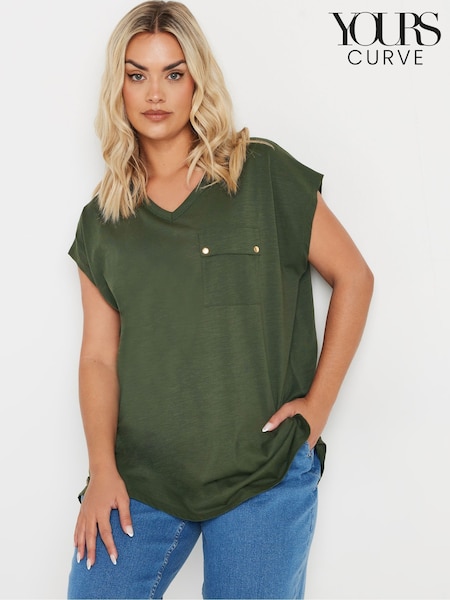 Yours Curve Green Stud Pocket 100% Cotton T-Shirt (F67208) | £20