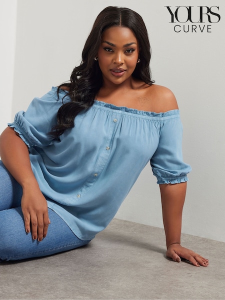 Yours Curve Blue Button Chambray Bardot Blouse (F67226) | £27