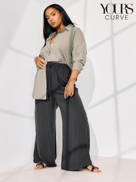 Yours Curve Black Chambray Pull On Wide Leg Trousers (F67235) | £29