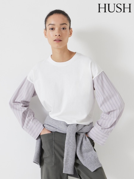 Hush White 100% Cotton Woven Mix Long Sleeve T-Shirt (F67401) | £65