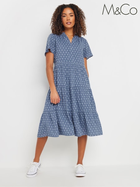 M&Co Blue Dobby Tiered 100% Cotton Dress (F67408) | £39