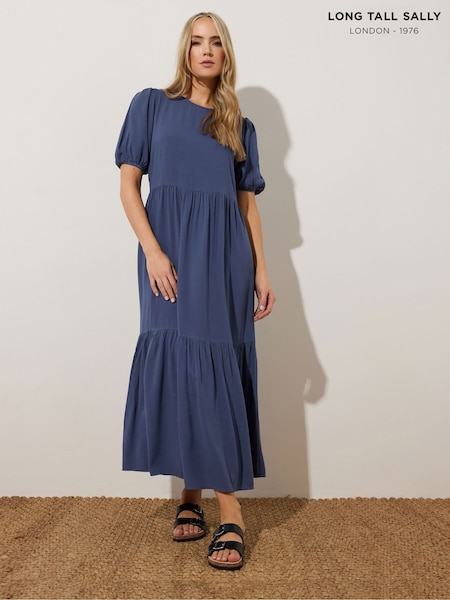 Long Tall Sally Blue Puff Sleeve Shirred 100% Cotton Dress (F67409) | £39