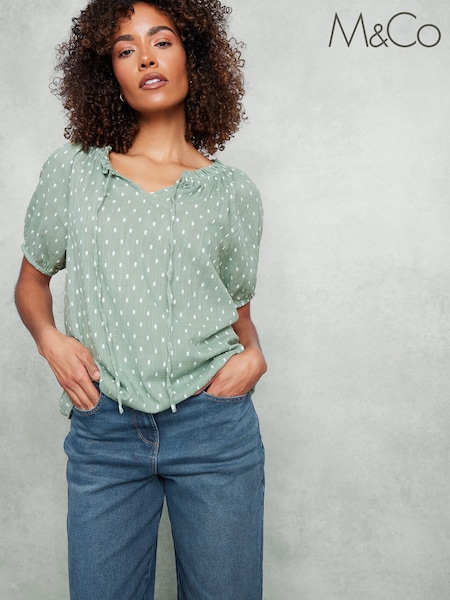 M&Co Green 100% Cotton Dobby Boho Short Sleeve Top (F67438) | £30