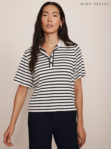Mint Velvet Blue Striped Polo Top (F67515) | £55