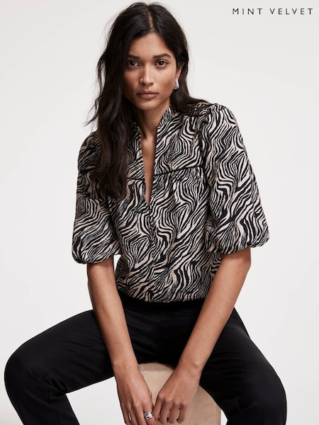 Mint Velvet Black Zebra Print Puff Sleeve Blouse (F67526) | £89