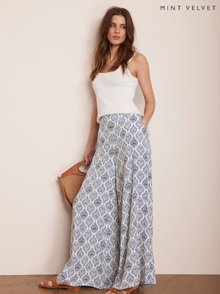 Mint Velvet Cream Geo Print Wide Trousers (F67535) | £99
