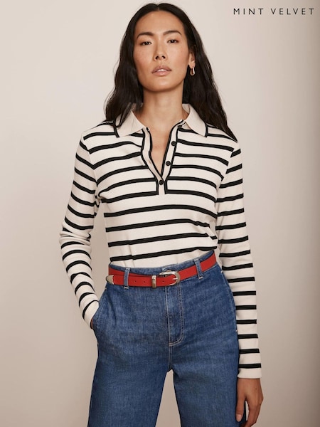 Mint Velvet Cream 100% Cotton Striped Polo Shirt (F67538) | £59