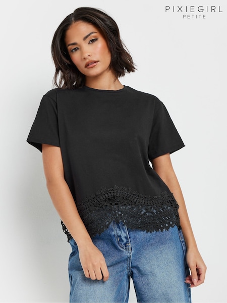 PixieGirl Petite Black Crochet Hem 100% Cotton T-Shirt (F67546) | £22