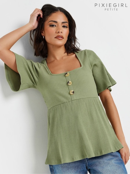 PixieGirl Petite Green Smock Button Ribbed Top (F67550) | £22