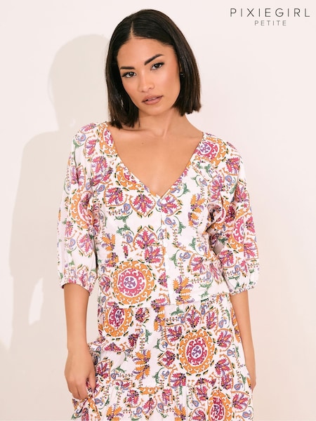 PixieGirl Petite Pink Button Puff 100% Cotton Sleeve Top (F67562) | £29