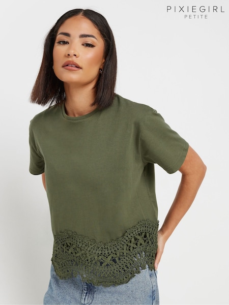 PixieGirl Petite Green Crochet Hem 100% Cotton T-Shirt (F67573) | £22