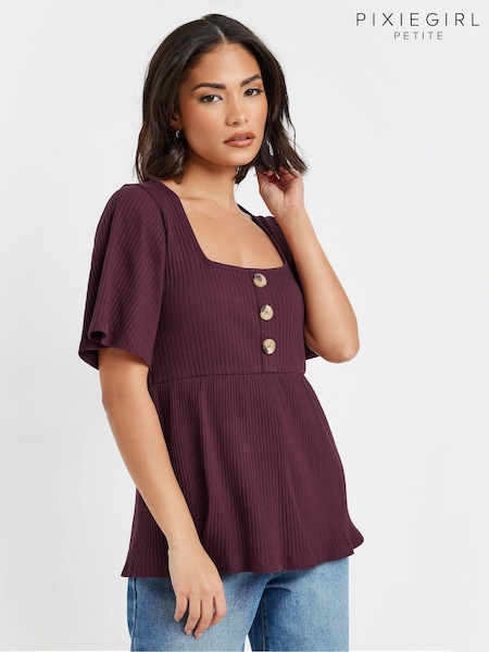 PixieGirl Petite Purple Smock Button Ribbed Top (F67574) | £22