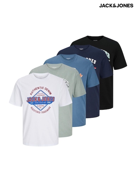 JACK & JONES Black 5 Pack Short Sleeve Printed T- Shirts (F67581) | £48
