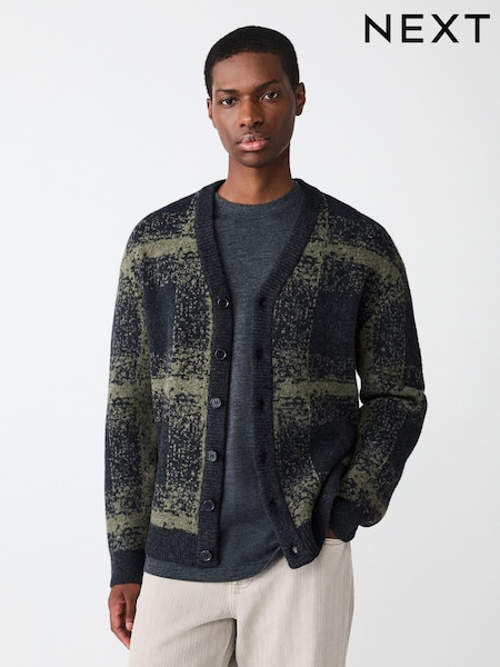 Black/Green Relaxed Fit Washed Check Cardigan with Wool (F67601) | £49