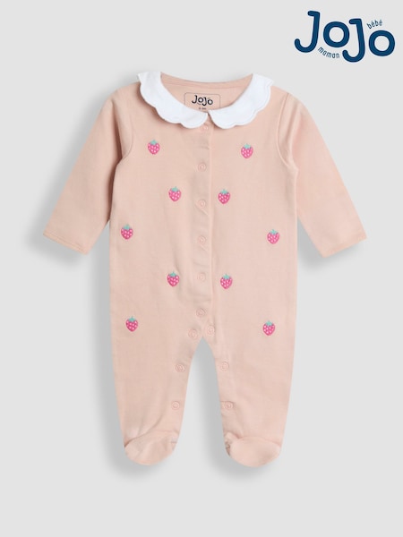 JoJo Maman Bébé Pink 100% Organic Cotton Strawberry Collared Sleepsuit (F67638) | £21