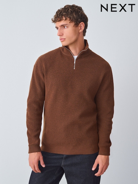 Rust Brown Regular Fit Essential Ribbed Quarter Zip Neck Jumper (F67652) | £24