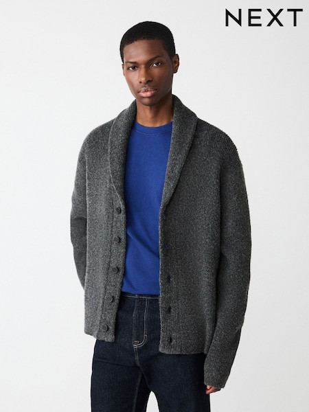 Charcoal Grey Relaxed Fit Textured Knit Shawl Cardigan with Wool (F67676) | £44