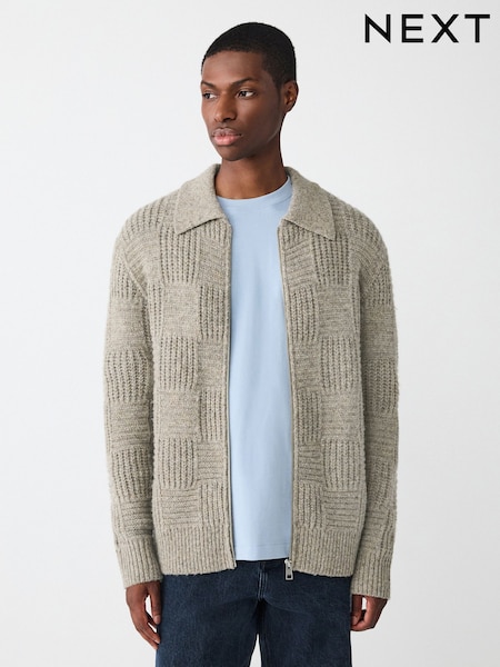 Neutral Relaxed Fit Checkerboard Textured Knit Zip Through Collared Cardigan with Wool (F67688) | £56