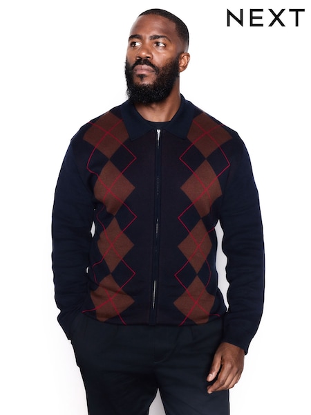 Navy Blue Regular Fit Argyle Pattern Collared Zip Through Cardigan (F67723) | £38