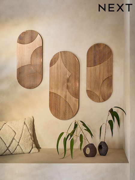 Set of 3 Neutral Wooden Global Carved Pill Wall Art (F67764) | £60