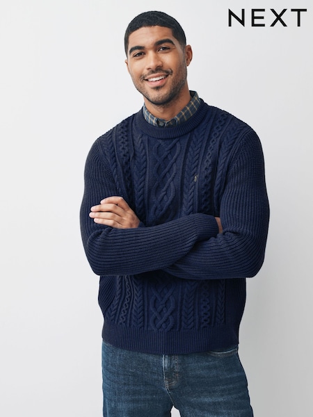 Navy Blue Aran Cable Regular Fit Mock Shirt Jumper (F67844) | £42