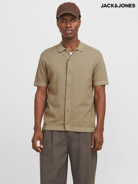 JACK & JONES Cream Knitted Button Down Short Sleeve Shirt (F67893) | £35