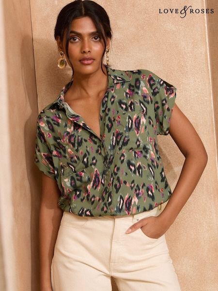 Love & Roses Khaki Green Animal Print Printed Roll Sleeve Shirt (F67919) | £0