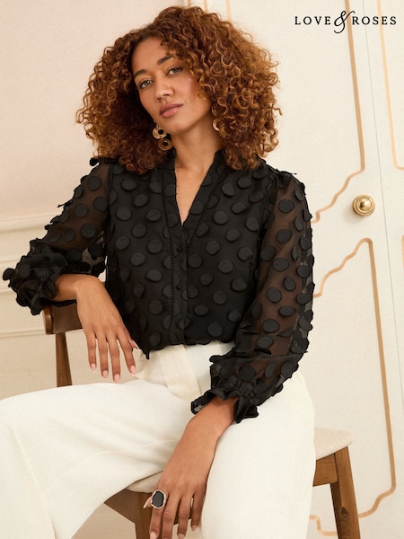 Love & Roses Black 3D Spot Long Sleeve Blouse (F67925) | £42