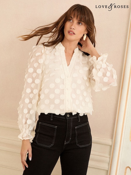 Love & Roses White 3D Spot Long Sleeve Blouse (F67933) | £44