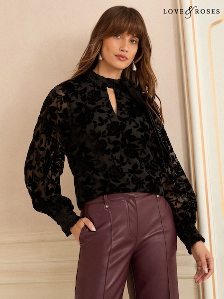 Love & Roses Black Velvet Burnout Long Sleeve Pussybow Blouse (F67938) | £44