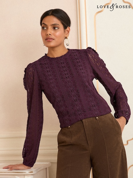 Love & Roses Burgundy Red Long Sleeve Lace Top (F67986) | £28