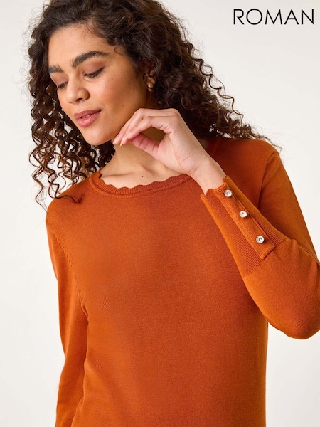 Roman Orange Diamante Button Scallop Edge Jumper (F68352) | £32