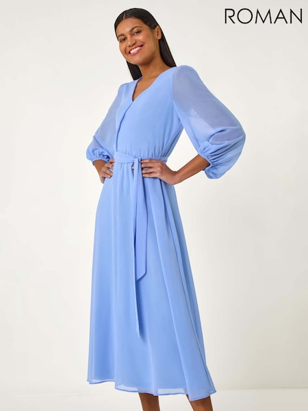 Roman Blue Chiffon V-Neck Midi Dress (F68357) | £55