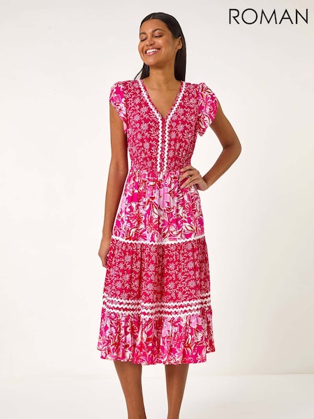 Roman Pink Floral Print Constrast Stitch Midi Dress (F68359) | £50